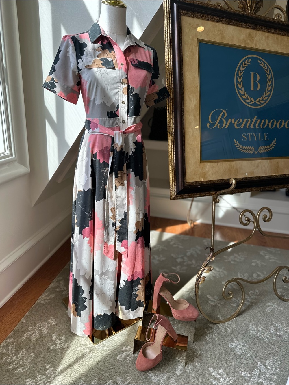 Banana Republic Floral Shirtwaist Midi Dress in Pink, Black & White 0P